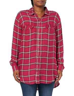 Angie Oversized Plaid Button Up Shirt Women Hi Low Red Long Sleeve Western Top L